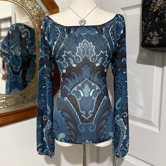 Theory Blue & Black Sheer 100% Silk Boho Paisley Pattern Long Sleeve Top M - Picture 1 of 8